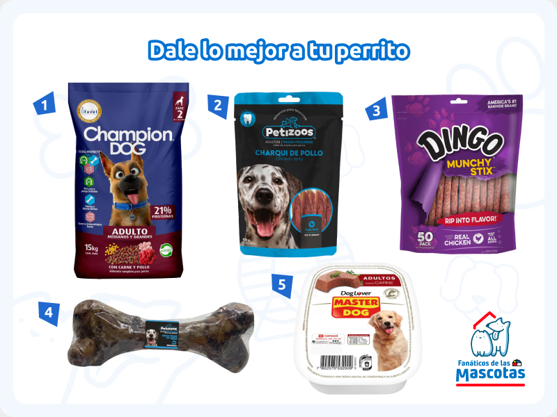 alimento seco para perro, snack para perro, sticks para mascotas, hueso natural para perro y alimento húmedo para perro.