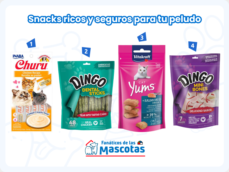 selección de snacks para mascotas para halloween: churu para gatos, palitos masticables para perro, treats para gatos y mini huesitos para perro.