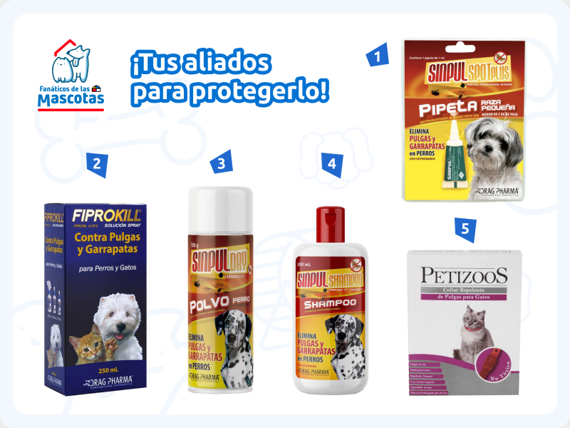 spray contra pulgas y garrapatas fibrokill, polvo anti pulgas y garrapatas sinpul dry, shampoo contra pulgas y garrapatas sinpu dry, collar antipulgas para gato y pipeta antiparasitaria para cuidar a perros y gatos