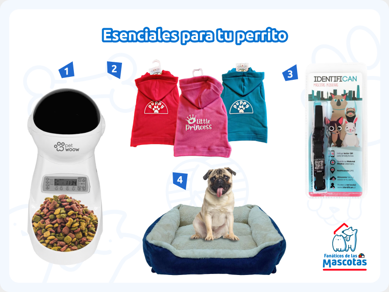 dispensador de comida para perros automático, polerones de franela para perros, placa identificatoria con chip para mascota y cama para perros.