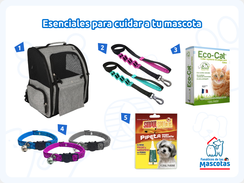 mochila transportadora para mascota, collas para perro, collas antipulgas para gato, collares con cascabel para gatos y pipeta antiparasitaria para perros, esenciales para cuidar a tu mascota y llevarla a la veterinaria municipal de tu comuna.