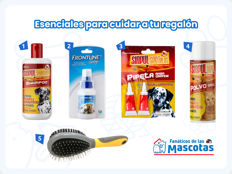 selección de productos para prevenir y eliminar garrapatas de las mascotas: shampoo para pulgas y garrapatas, spray antiparasitario, pipeta para pulgas y garrapatas, talco antiparasitario para gatos y cepillo para mascotas.