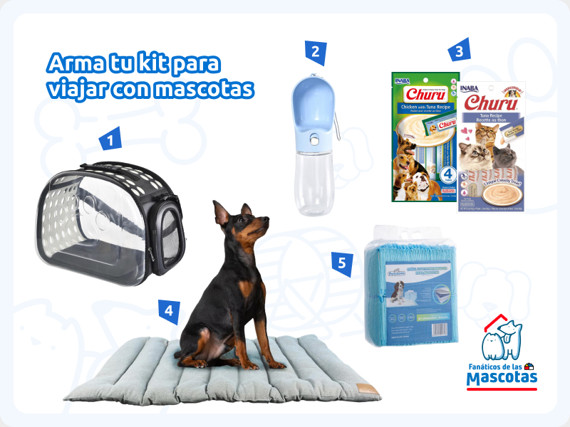 Selección de productos para viajar con mascotas: bolso transportador para mascota, bebedero portátil, churus para perros y gatos, cama roller para perro y sabanillas para mascotas.