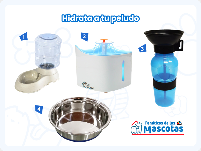 selección de productos para hidratar a un perro o gato: bebedero para mascotas, fuente eléctrica para mascotas, bebedero portátil para perro y bebedero acero inoxidable para mascotas.