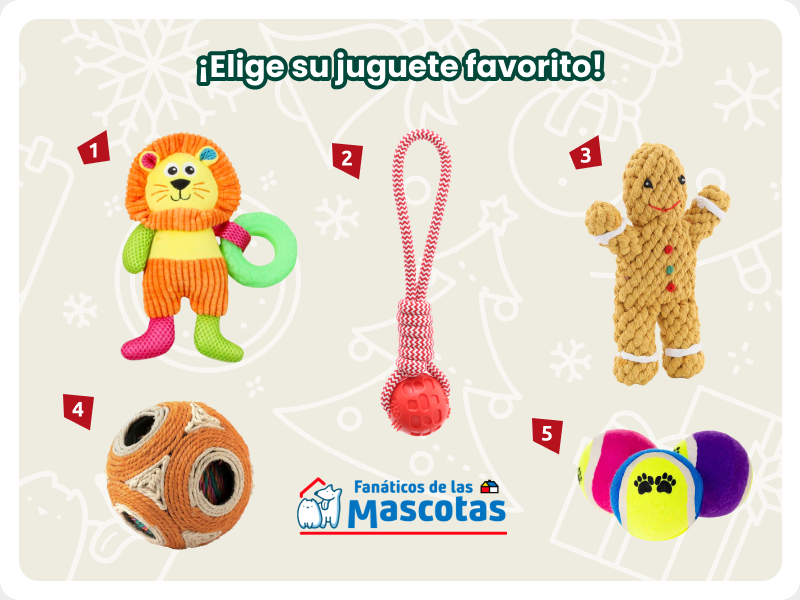 selección de ideas de regalos para mascotas en navidad: peluche de león, pelota con cuerda para morder, juguete para morder de galleta de jengibre, pelota de yute para gato y pelotas de tenis para perro.