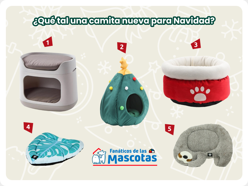 selección con ideas de regalos para mascotas en navidad: cama desmontable, cama iglú para mascotas con diseño de árbol de navidad, cama para mascotas con diseño de navidad, cama para mascotas con diseño de monstera y cama para mascotas con diseño de oso perezoso.