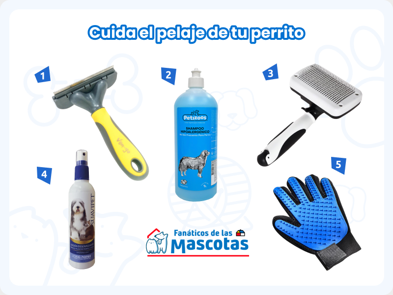 selección de productos para cuando un perro empieza a pelechar: cepillo deslanador, shampoo hipoalergénico para perros, cepillo autolimpiable para mascota, loción desenredante para perro y guante quitapelo.