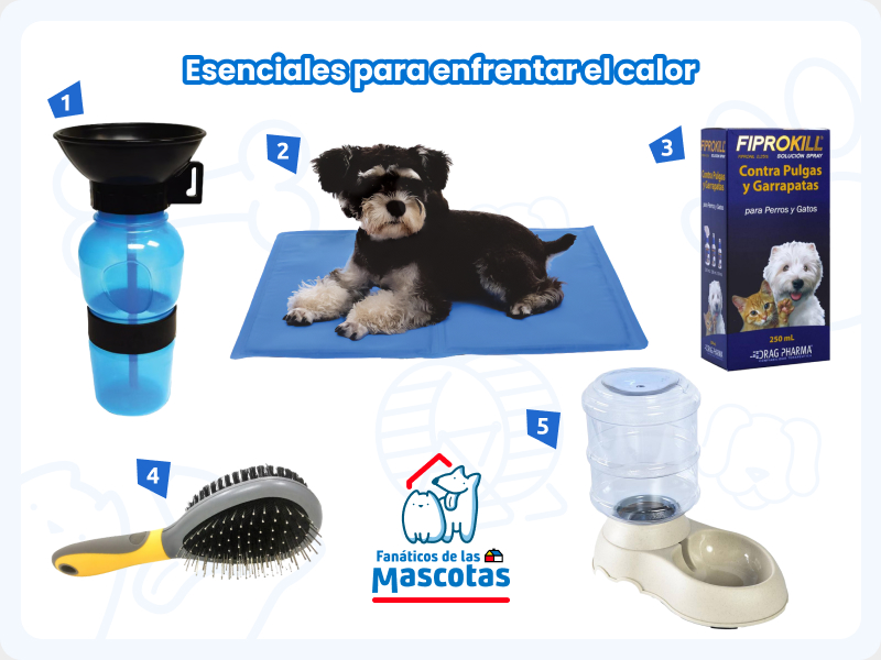 selección de productos para enfrentar el calor con tu mascota: bebedero portátil, manta refrescante para mascotas, spray antiparasitario para mascotas contra pulgas y garrapatas, cepillo doble para mascotas y bebedero.