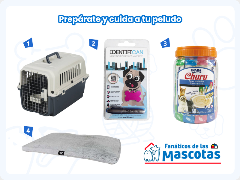 selección de productos para una mudanza junto a mascotas: caja transportadora para mascotas, placa identificatoria, tarro de churus para mascotas y colchón antiestrés para mascotas.